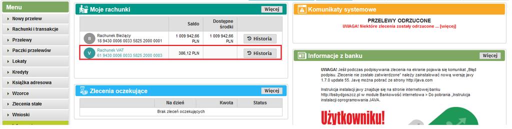 Rys. 1: Okno startowe programu Internet Banking. Zaznaczono widoczny rachunek VAT. Przycisk 2.).