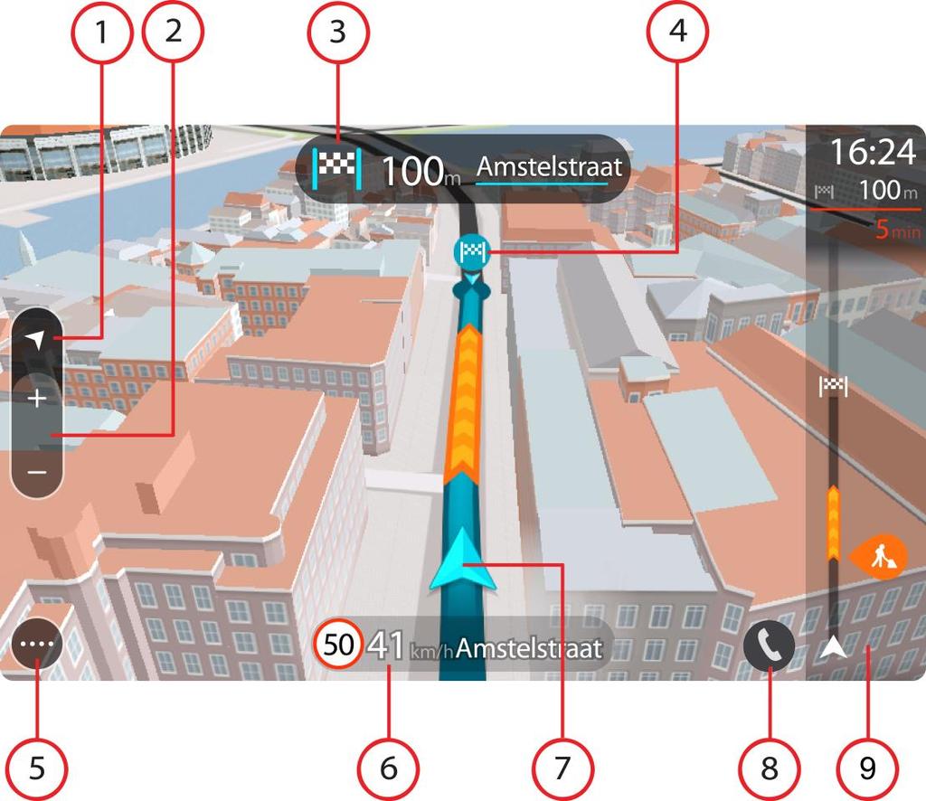 Widok nawigacji jest zazwyczaj wyświetlany w trybie 3D. Aby wyświetlić mapę 2D poruszającą się zgodnie z kierunkiem podróży, zmień domyślne ustawienia 2D i 3D.