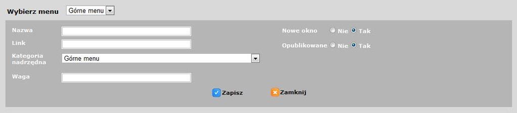 Wybierz menu należy wybrać z listy, czy nowy element ma się pojawić w górnym menu, czy w stopce, Link w puste pole tekstowe należy wpisać tytuł/nazwę lub dowolny fragment tytułu elementu, który