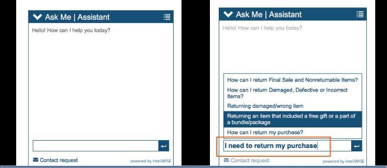 Klient zadaje pytanie Na start działa inteligentny Chatbot, odpowiada z Bazy Wiedzy Widget czyli interfejs