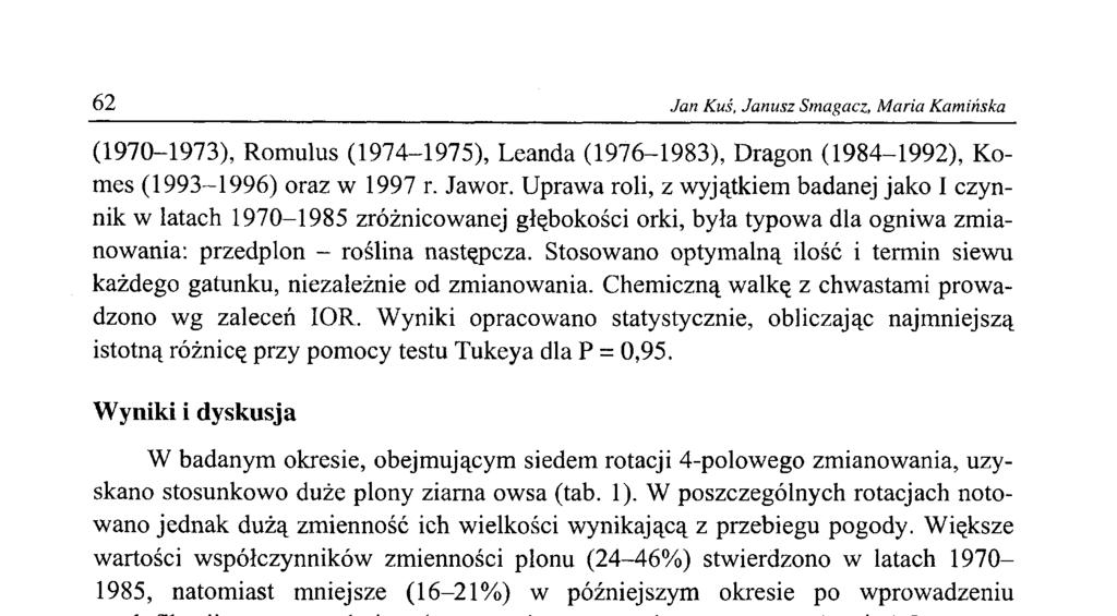 62 Jan Kuś, Janusz Smagacz, M aria Kamińska (1970-1973), Romulus (1974-1975), Leanda (1976-1983), Dragon (1984-1992), Komes (1993-1996) oraz w 1997 r. Jawor.
