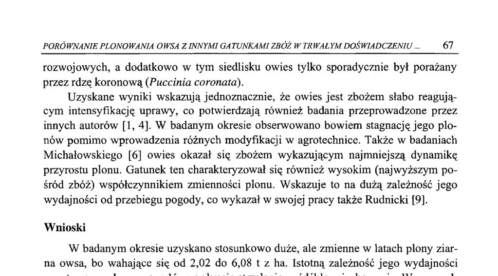 PORÓWNANIE PLONOW ANIA OWSA Z INNYMI GATUNKAMI ZBÓŻ W TRWAŁYM DOŚW IAD CZENIU.