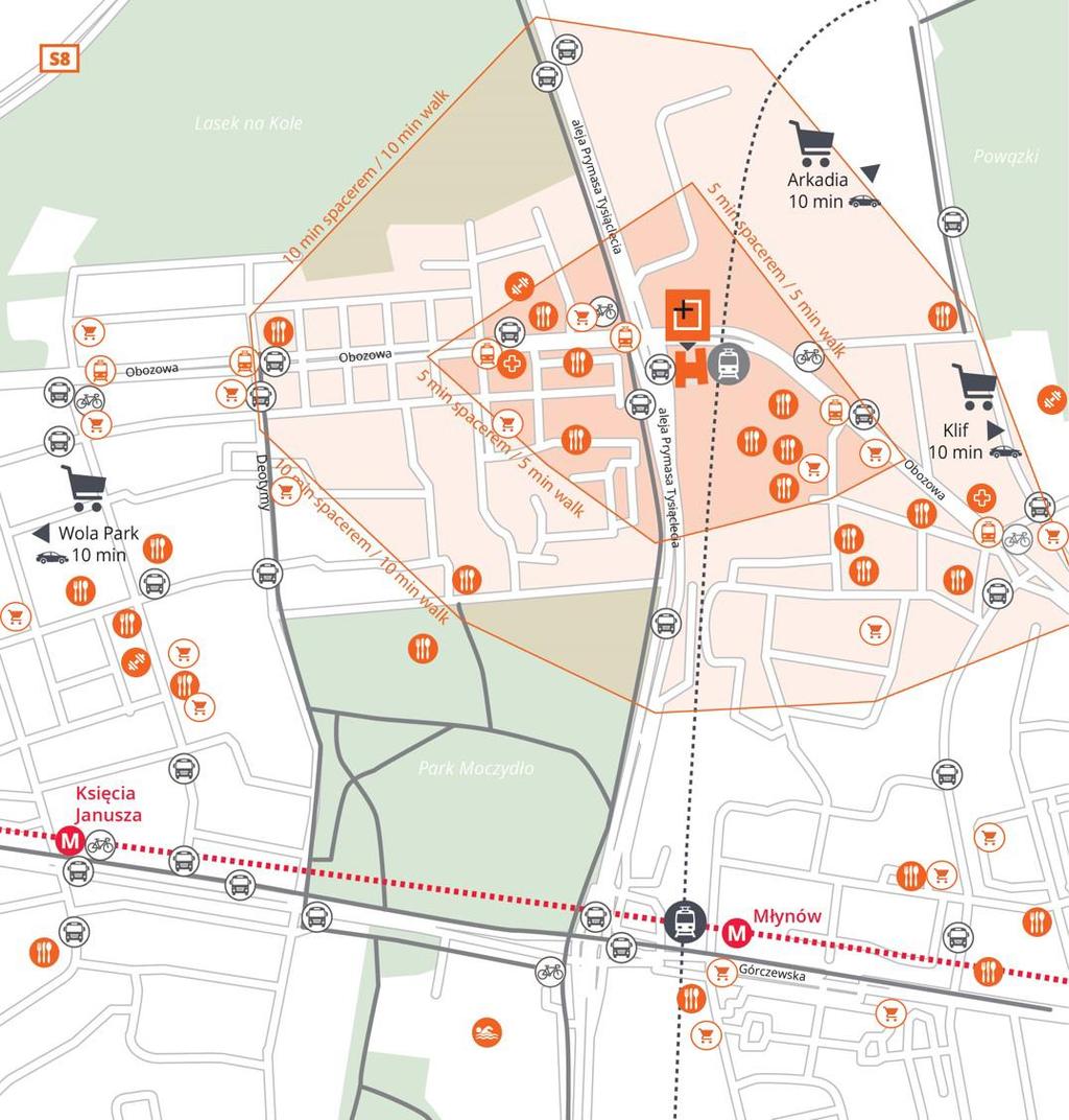 Lokalizacja Location Obiekty sportowe Sports facilities Sklepy Shops Apteki Pharmacy Linie tramwajowe Tram lines 20, 23, 24, 28, 44 Budowana stacja metra Metro station under construction