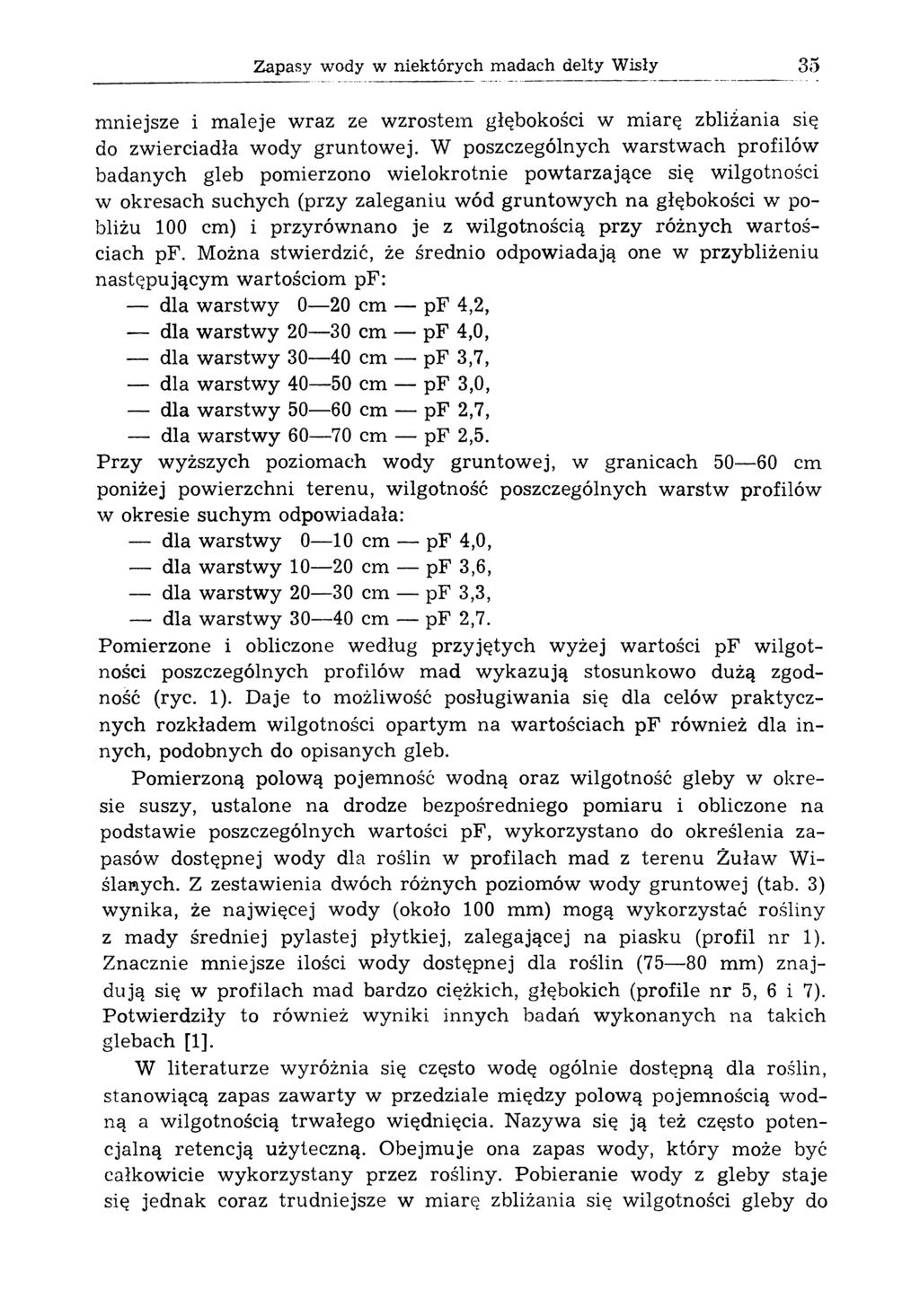 Zapasy wady w niektórych madach delty Wisły 35 mniejsze i m aleje wraz ze wzrostem głębokości w miarę zbliżania się do zwierciadła wody gruntowej.
