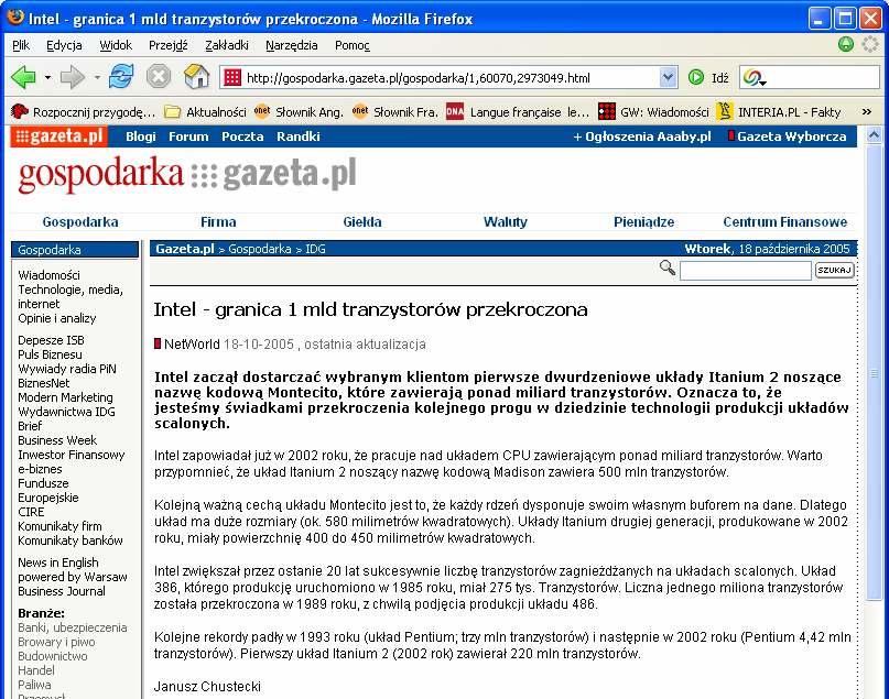 TRENDY: Pierwsze Prawo Moore a Źródło: Intel Nanotechnologia.