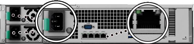 Uruchamianie serwera RackStation 1 Podłącz koniec każdego kabla zasilania do gniazd zasilania z tyłu