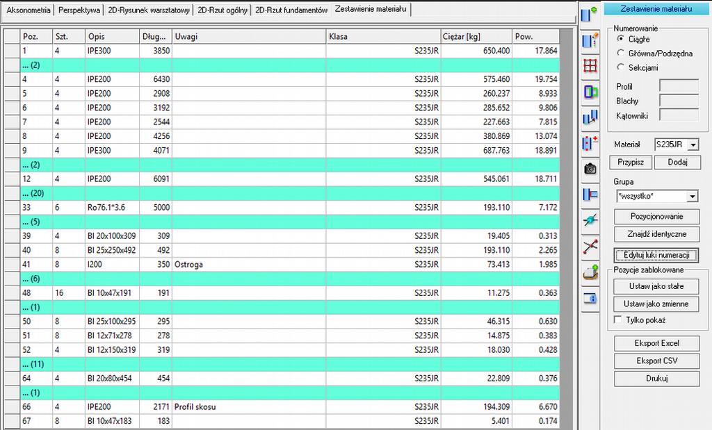 Gdy widok przełączony zostaje do tabeli z zestawieniem materiału, w oknie dialogowym po prawej stronie wyświetlone zostaje menu zestawienia materiału.
