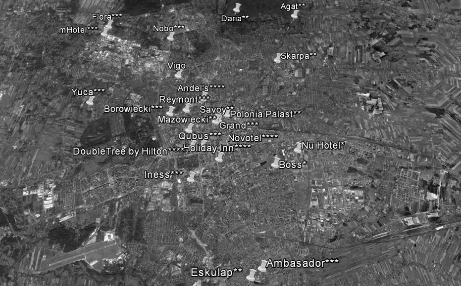 Rozwój łódzkiego rynku hotelowego 71 Rys. 5. Przestrzenne rozmieszczenie łódzkich hoteli w 2015 r. Źródło: Na podstawie: Włodarczyk [2015 s. 72]; [www 2]; Google Earth [www 3].