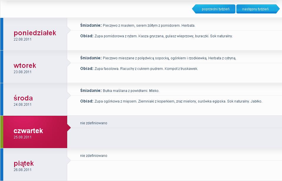 Jadłospis Zakładka ta umożliwia podgląd do jadłospisu obowiązującego w przedszkolu na każdy dzień. Rysunek 8. Jadłospis.