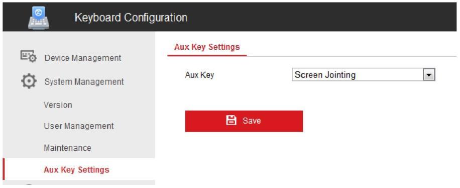 Krok 2 Zaloguj się do klawiatury z poziomu przeglądarki internetowej (https://adres IP) i przejdź na stronę ustawień przycisku Aux (System Management>Aux Key Settings).