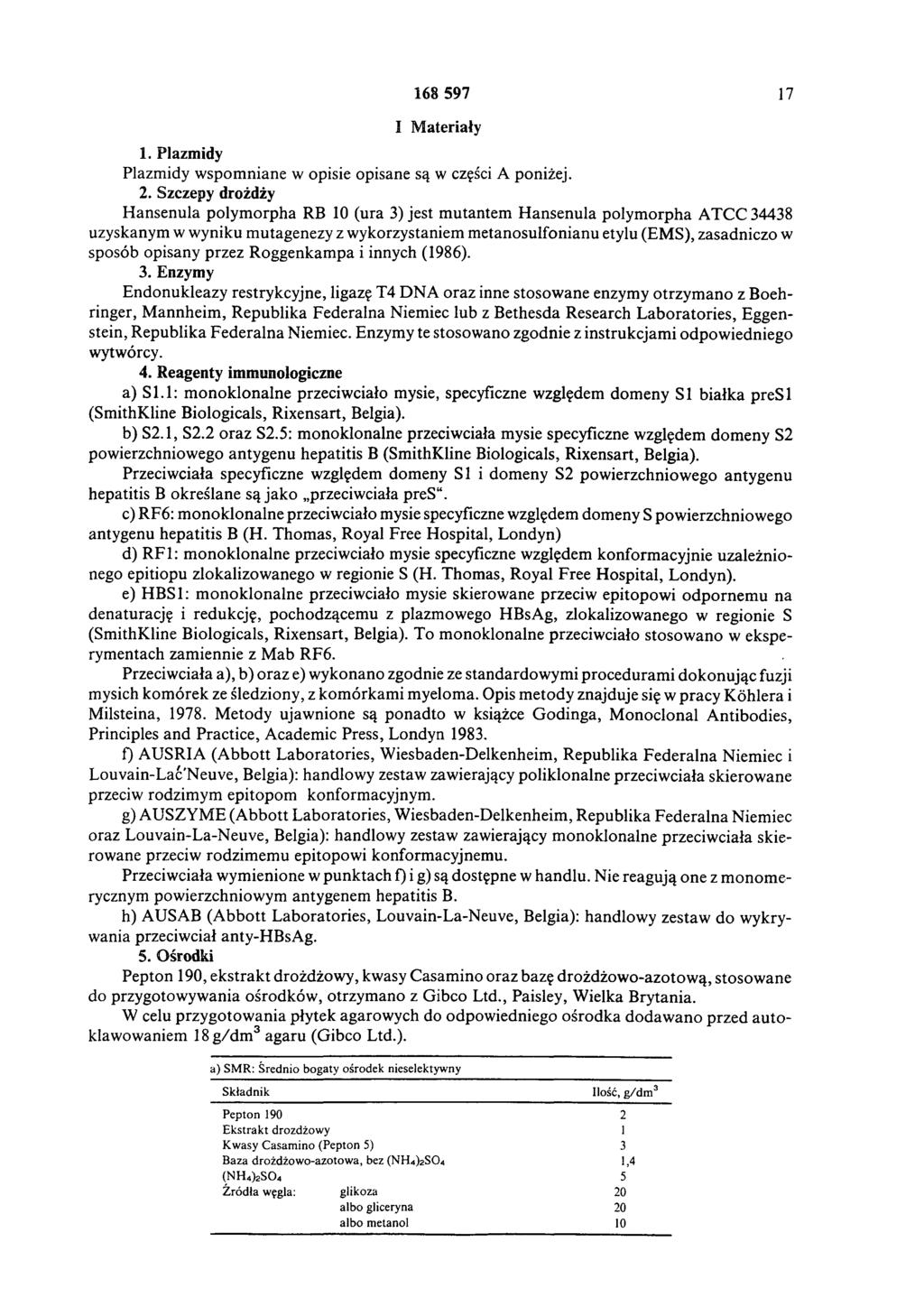 168 597 17 I M ateriały 1. Plazmidy Plazmidy wspom niane w opisie opisane są w części A poniżej. 2.