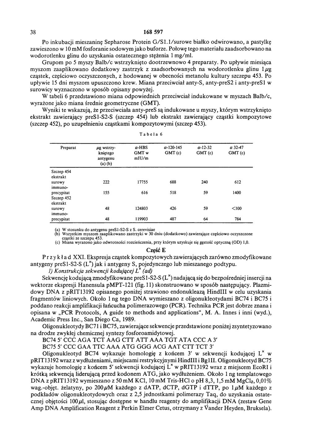 38 168 597 Po inkubacji mieszaninę Sepharose Protein G / S1.1/surow e białko odw irow ano, a pastylkę zawieszono w 10 mm fosforanie sodowym jako buforze.