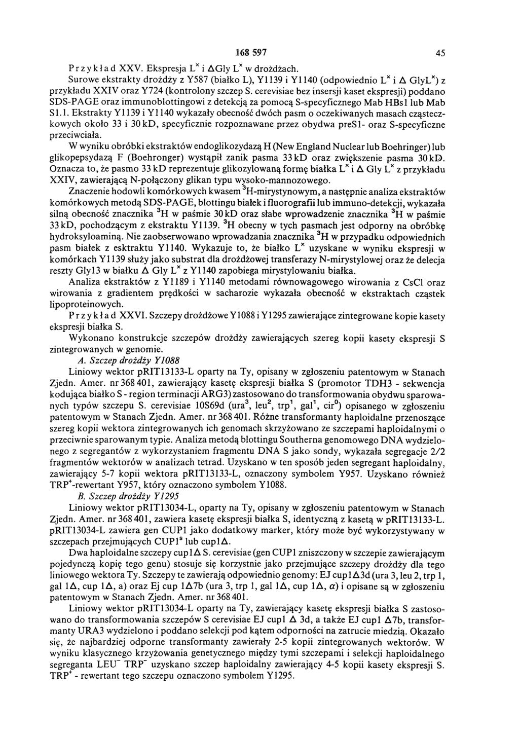 168 597 45 Przykład XXV. Ekspresja Lx i Δ Gly Lx w drożdżach. Surowe ekstrakty drożdży z Y587 (białko L), Y1139 i Y1140 (odpowiednio Lx i A G lylx) z przykładu XXIV oraz Y724 (kontrolony szczep S.