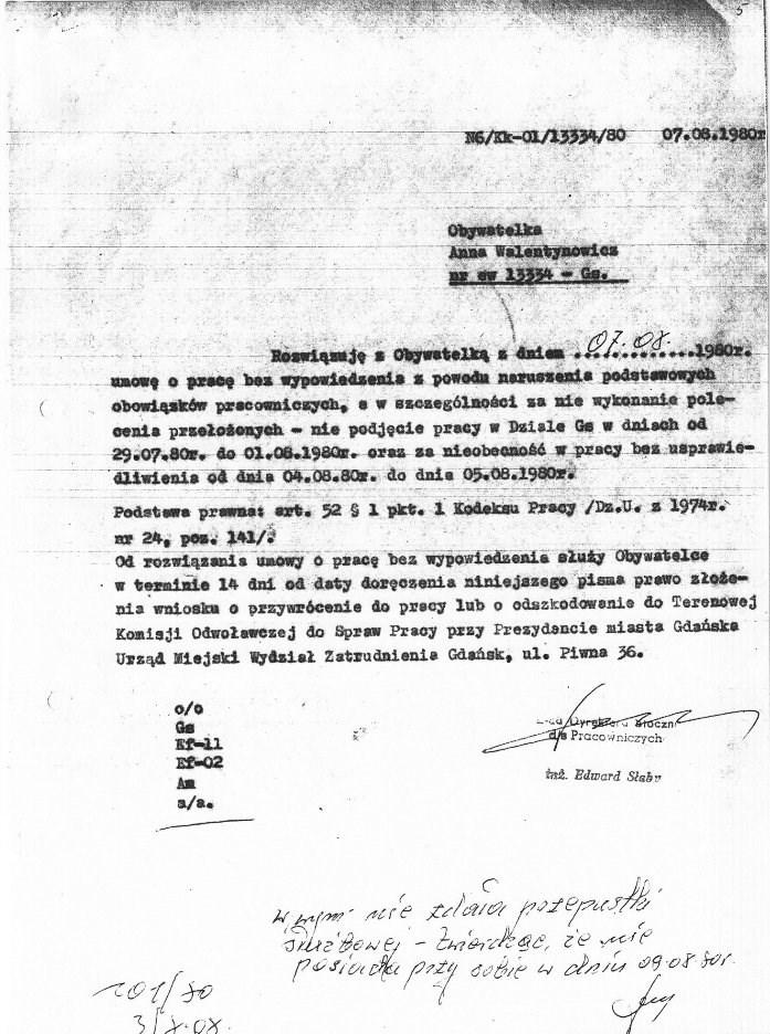 Dokument, w którym kierownictwo Stoczni Gdańskiej zwalnia