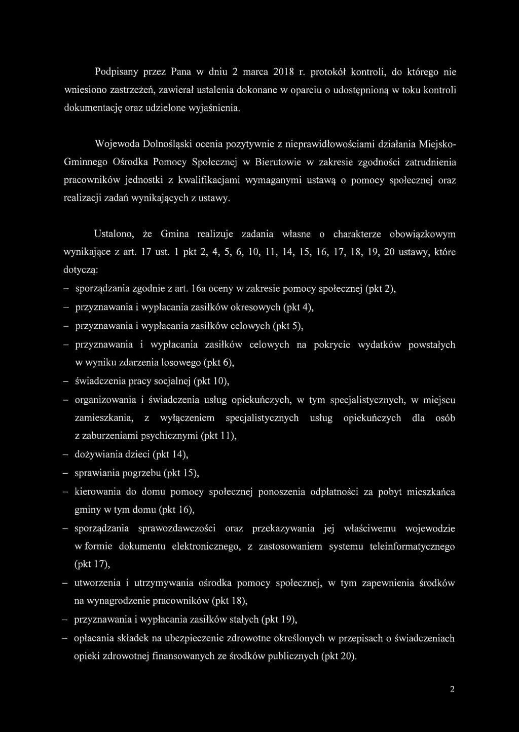 Wojewoda Dolnośląski ocenia pozytywnie z nieprawidłowościami działania Miejsko- Gminnego Ośrodka Pomocy Społecznej w Bierutowie w zakresie zgodności zatrudnienia pracowników jednostki z