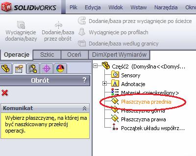 Po wybraniu tego narzędzia SW prosi o wskazanie płaszczyzny na której utworzymy Szkic. Z rozwiniętego drzewa operacji wybierzmy Płaszczyznę przednią, rys. 3. Rysunek 3.