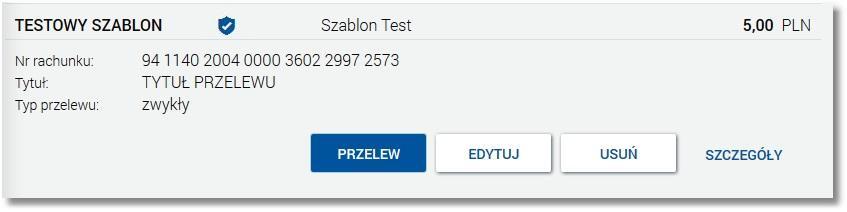 Rozdział 15 Przeglądanie listy szablonów przelewów Nr rachunku - numer rachunku odbiorcy, Tytuł - tytuł płatności, Typ przelewu - zwykły, do US, do ZUS, zagraniczny.