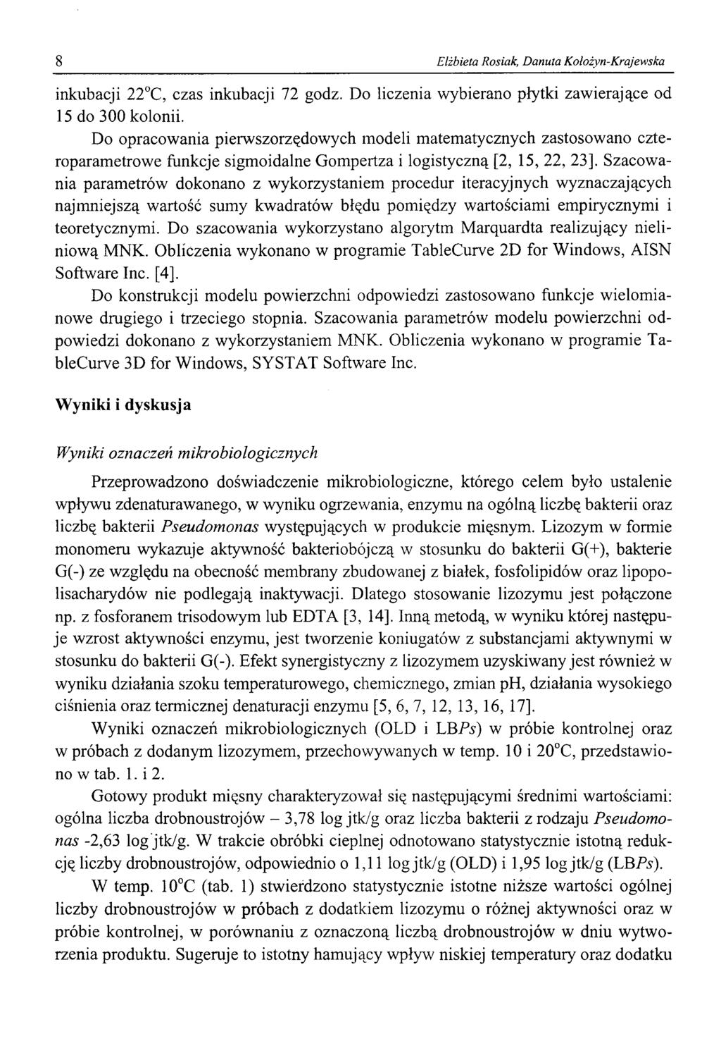 8 Elżbieta Rosiak, Danuta Kolożyn-Krajewska inkubacji 22 C, czas inkubacji 72 godz. Do liczenia wybierano płytki zawierające od 15 do 300 kolonii.
