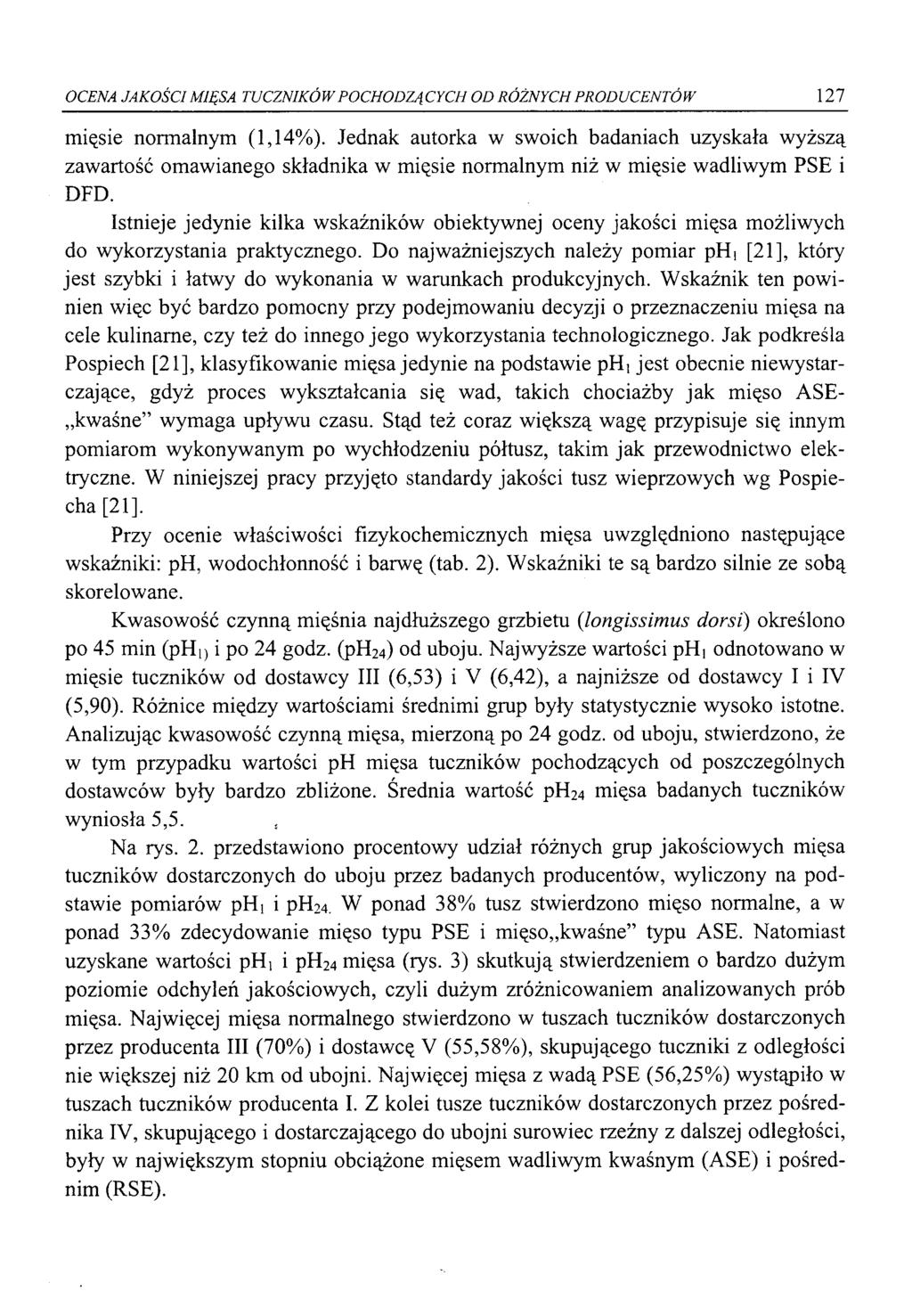 OCENA JAKOŚCI MIĘSA TUCZNIKÓW POCHODZĄCYCH OD RÓŻNYCH PRODUCENTÓW 127 mięsie normalnym (1,14%).