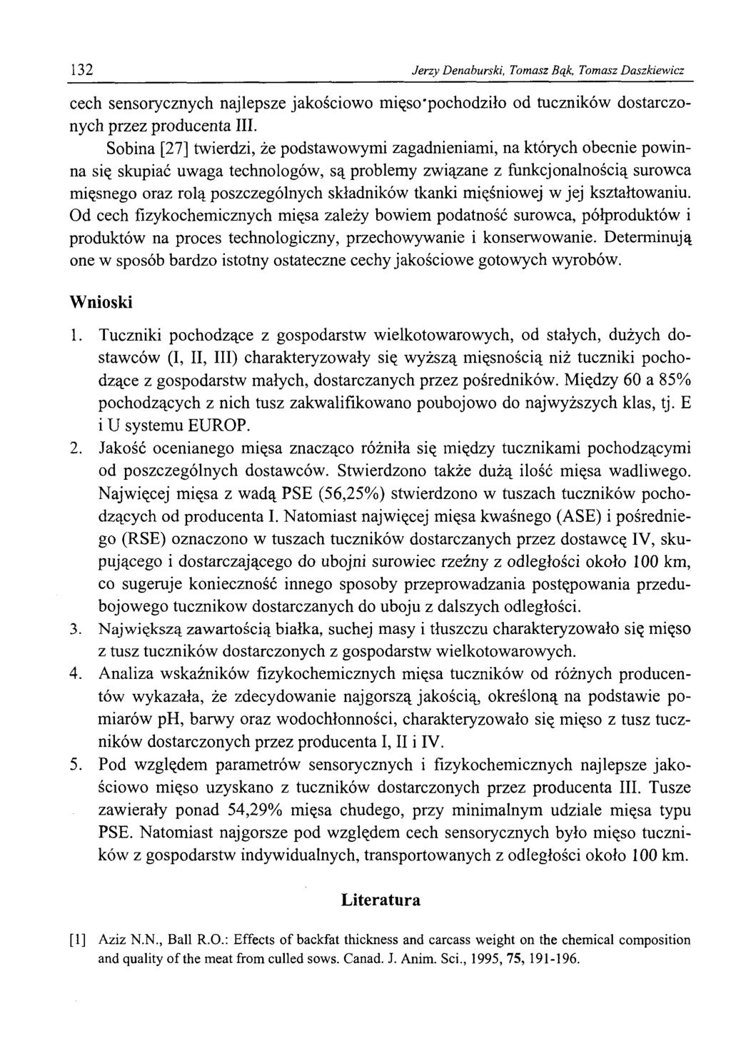 132 Jerzy Denaburski, Tomasz Bąk, Tomasz Daszkiewicz cech sensorycznych najlepsze jakościowo mięso'pochodziło od tuczników dostarczonych przez producenta III.