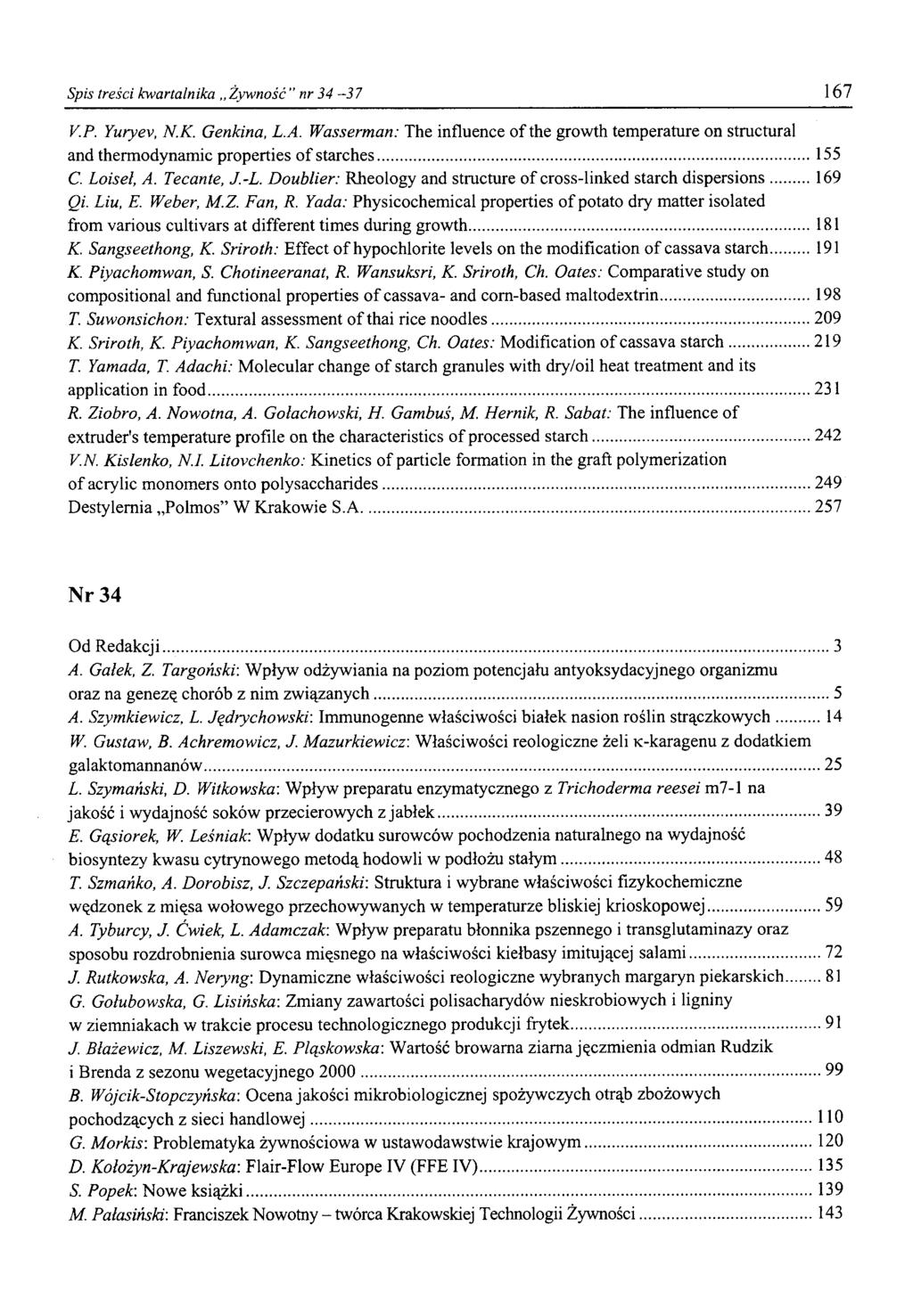 Spis treści kwartalnika Żywność " nr 34-37 167 V.P. Yuryev, N.K. Genkina, L.A. Wasserman: The influence o f the growth temperature on structural and thermodynamic properties o f starches... 155 C.