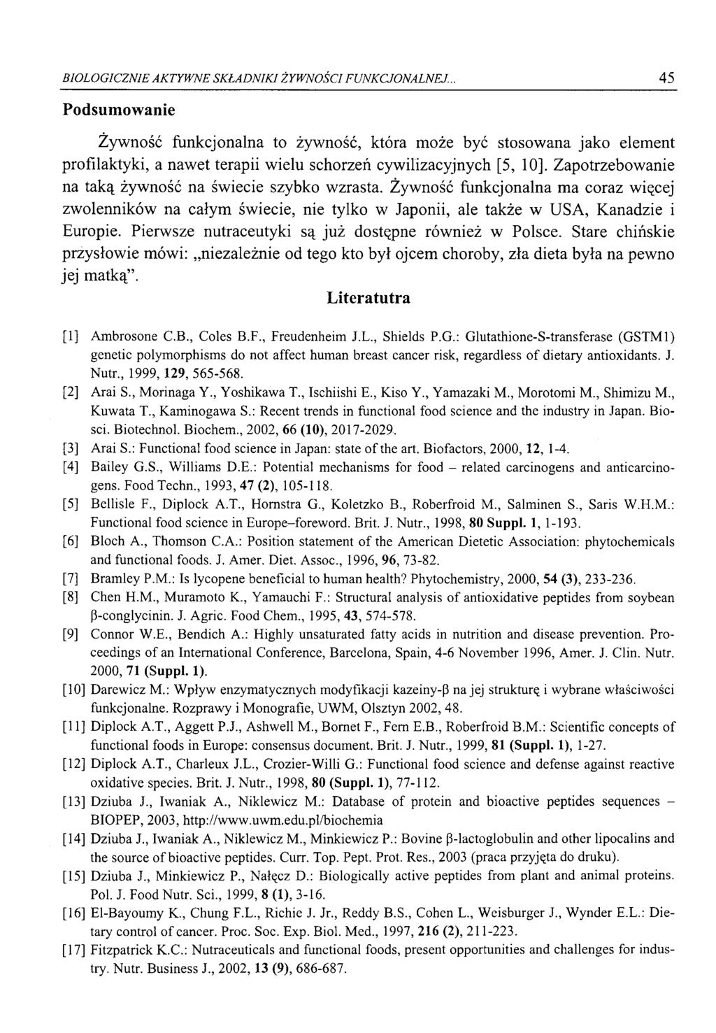 BIOLOGICZNIE AKTYW NE SKŁADNIKI ŻYWNOŚCI FUNKCJONALNEJ.
