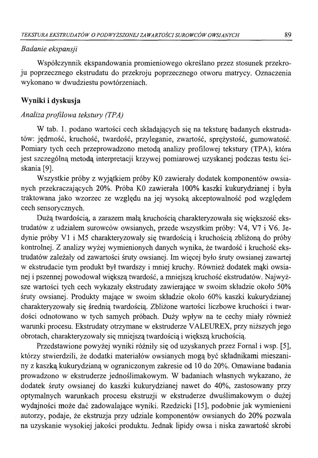 TEKSTURA EKSTRUDATÓW O PODWYŻSZONEJ ZAWARTOŚCI SUROWCÓW OWSIANYCH 89 Badanie ekspansji Współczynnik ekspandowania promieniowego określano przez stosunek przekroju poprzecznego ekstrudatu do przekroju