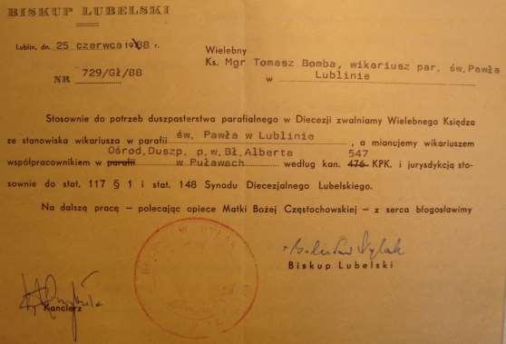 Monografia rzymskokatolickiej parafii św. Trójcy w Komarowie 25 Dokument 2 Rok 1988, 25 czerwca.