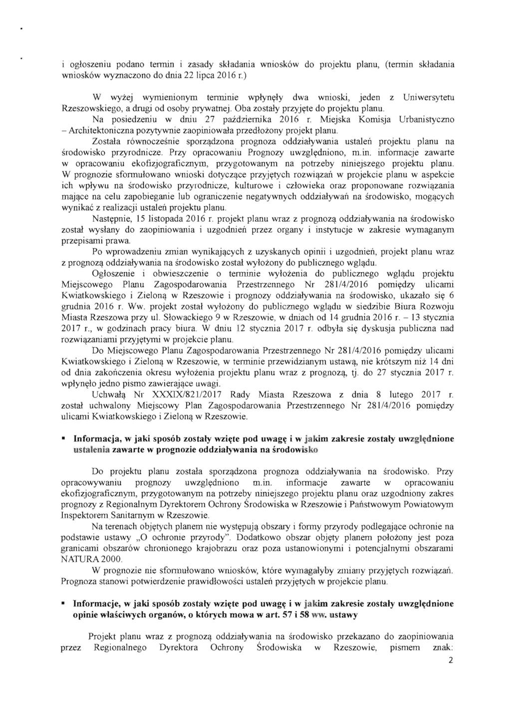 i ogloszeniu podano tennin i zasady skladania wniosk6w do projektu planu, (tennin skladania wniosk6w wyznaczono do dnia 22 lipca 2016 r.