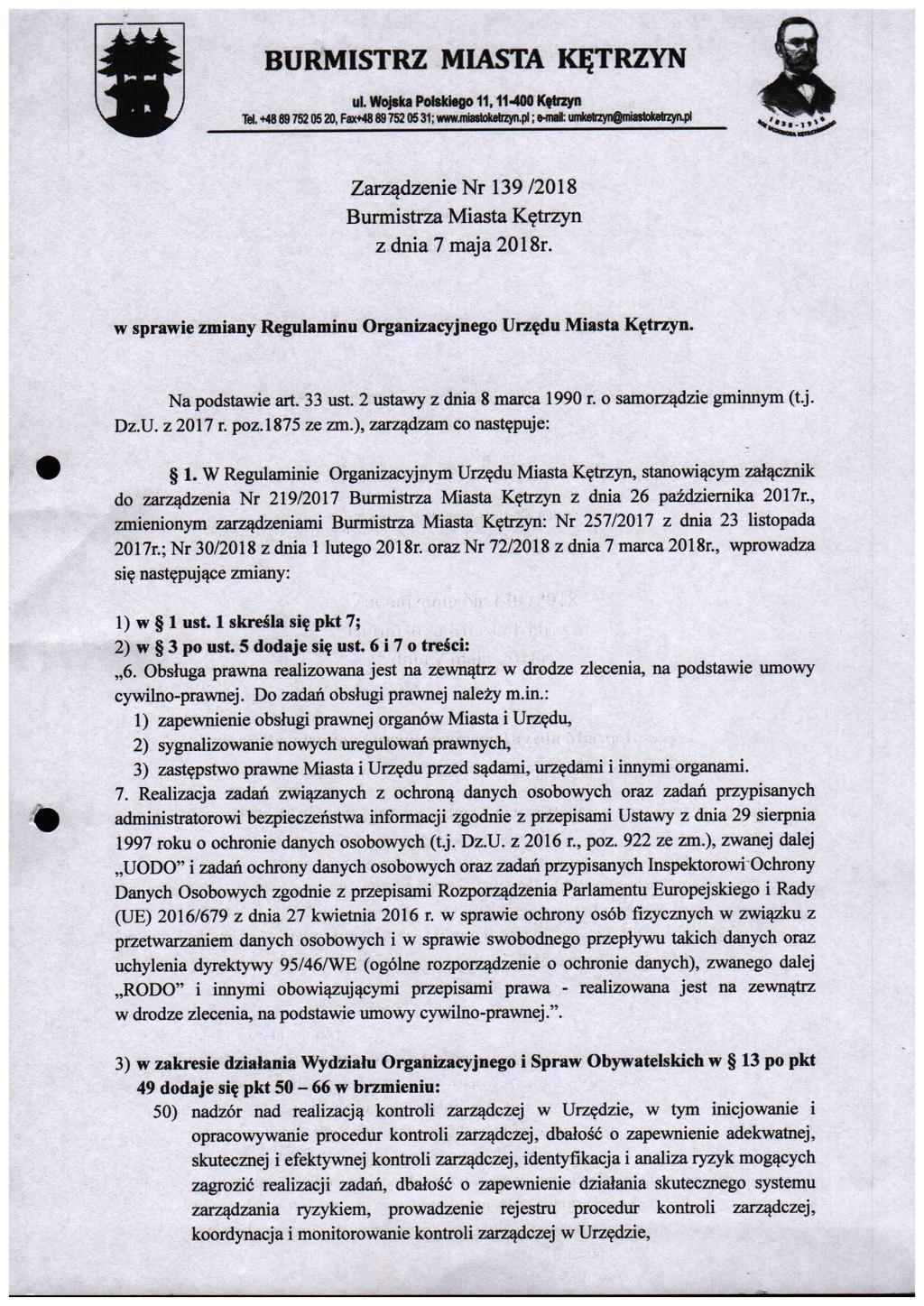 BURMISTRZ MIASTA K^TRZYN ul. Wjka PMdcg, W. *48 88 752 05 20, F* 89 72 OS 3; wwuiattilnyiipi; mh^ ZarzadzenieNr 39/208 Burmistrza Miasta K^trzyn zdnia7maja208r.