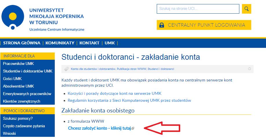 Na stronie znajdziemy informację na temat korzyści wynikających z posiadania konta na serwerze UMK oraz formularze do zakładania konta i zmiany hasła. 1.