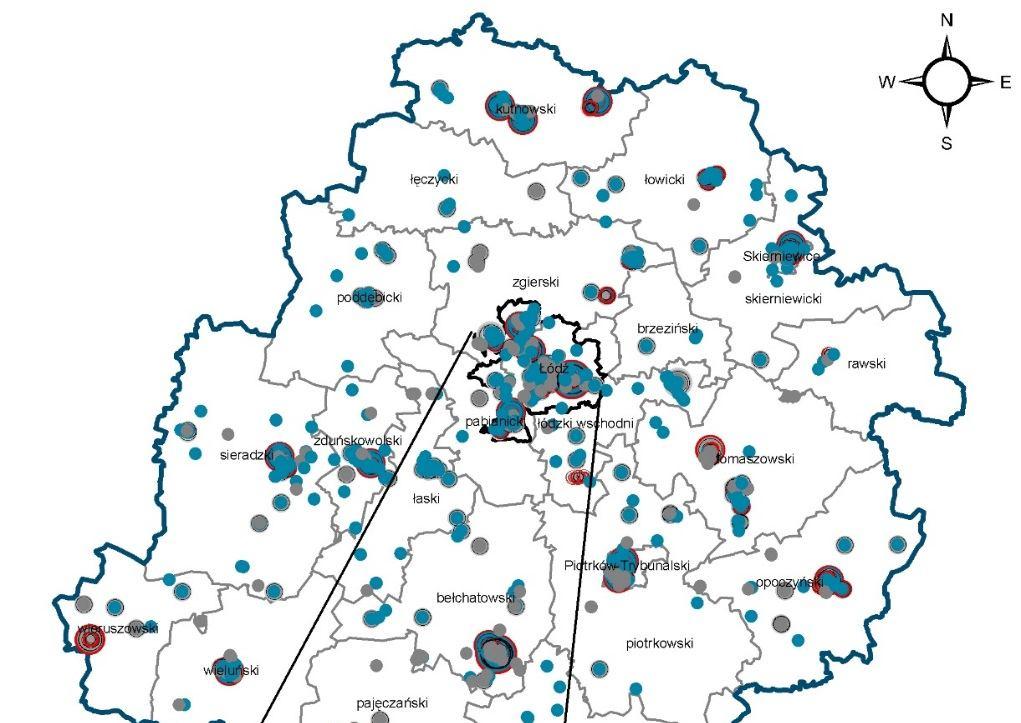 Mapa 3.1.1 Rozmiszczni mitorów punktowych w wojwództwi łódzkim w 2014 r.
