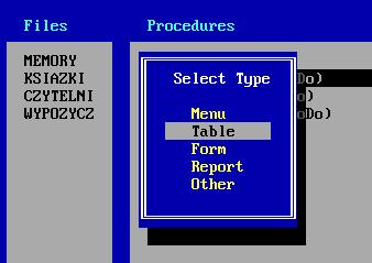 Tworzymy procedurę księgozbiór. Będzie to tabela (typ TABLE) w której będziemy mogli przeglądać książki. Po wybraniu danej książki będzie można poprawić jej dane w procedurze update (typ FORM).