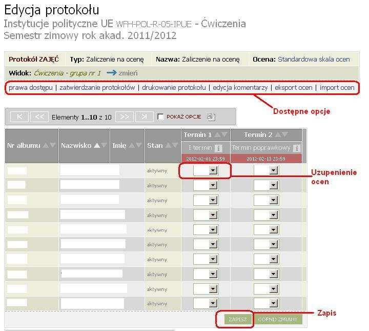 Strona 5 z 12 Oceny wybieramy z rozwijanych list w wierszu z danym studentem i polu z danym