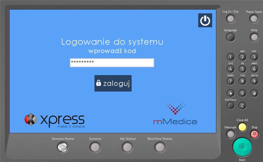 Po uruchomieniu aplikacji na urządzeniu pojawi się okno logowania do systemu Xpress Scan - domyślnym hasłem administratora jest 1111 (hasło będzie można zmienić w panelu administracyjnym) zaloguj