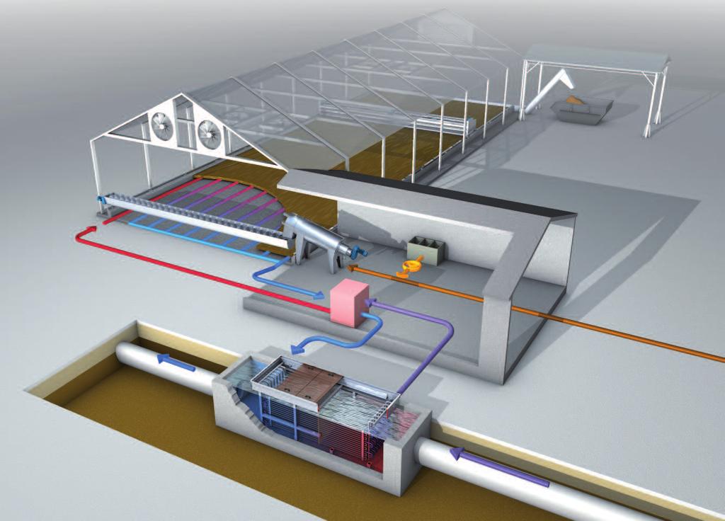 Rozwiązania HUBER do odzysku ciepła ze ścieków: Odzysk ciepła z odcieków przemysłowych i suszenia osadu a Ścieki oczyszczone b Osad płynny c Stacja przygotowania polielektrolitu d HUBER Prasa Taśmowa