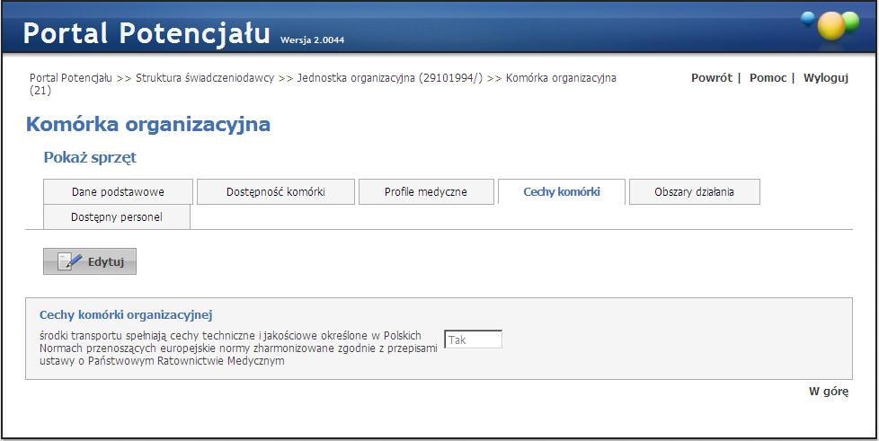 Struktura Świadczeniodawcy 26 Cechy komórki - widok w trybie przeglądu (wypełnione przykładowymi danymi) 3.1.4.