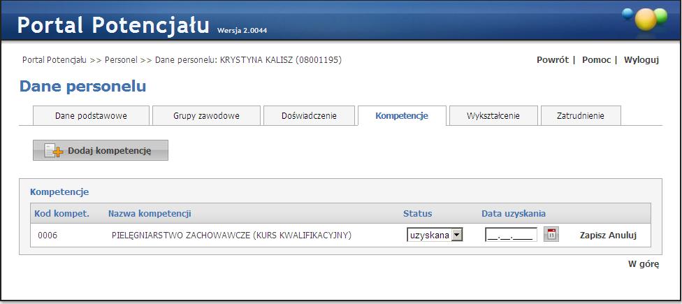 Polem wymaganym jest data uzyskania kompetencji. - umożliwia wybór ze słownika i dodanie wybranych kompetencji do listy kompetencji osoby.