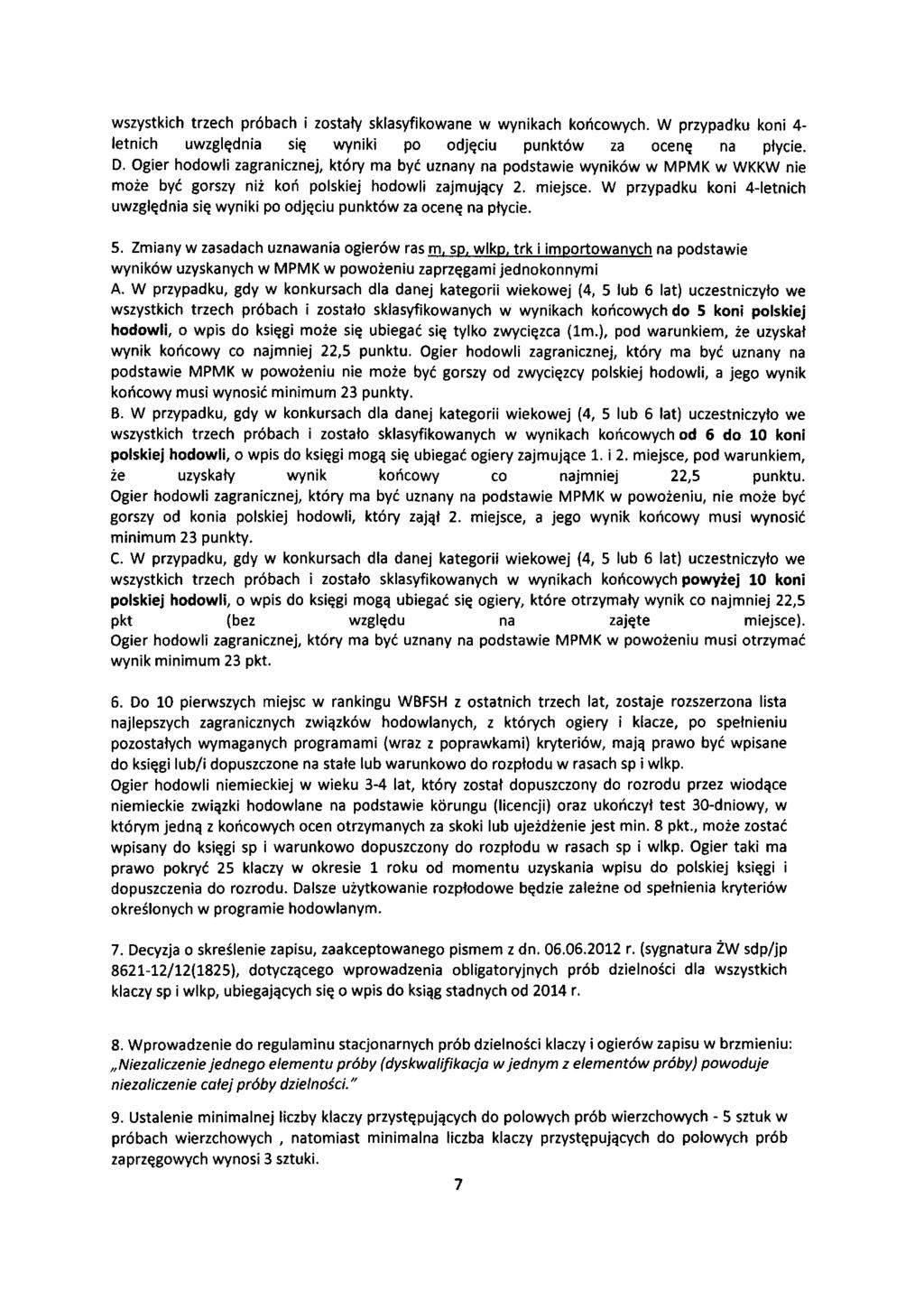 wszystkich trzech próbach i zostały sklasyfikowane w wynikach końcowych. W przypadku koni 4- letnich uwzględnia się wyniki po odjęciu punktów za ocenę na płycie. D.