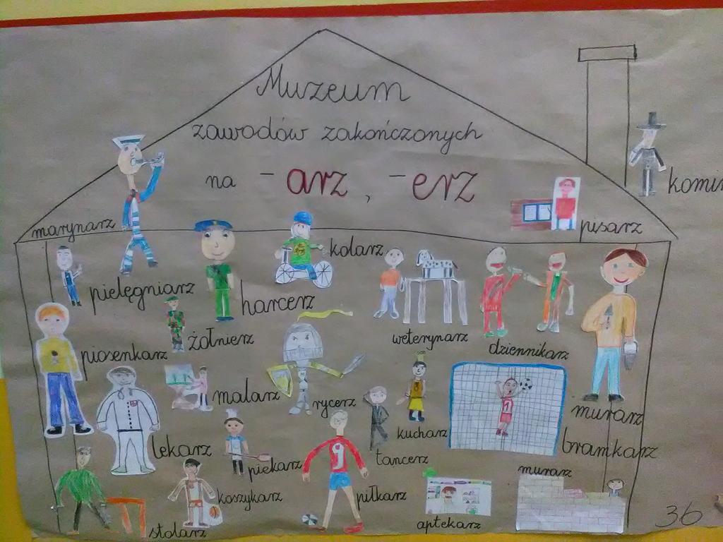 PONIEDZIAŁEK : ORTOGRAFIA W poniedziałek dostaliśmy zadania ortograficzne, z których musieliśmy zrobić plakaty. Nasza klasa 3b dostała zadanie pod tytułem Muzeum zawodów zakończonych na arz, -erz.