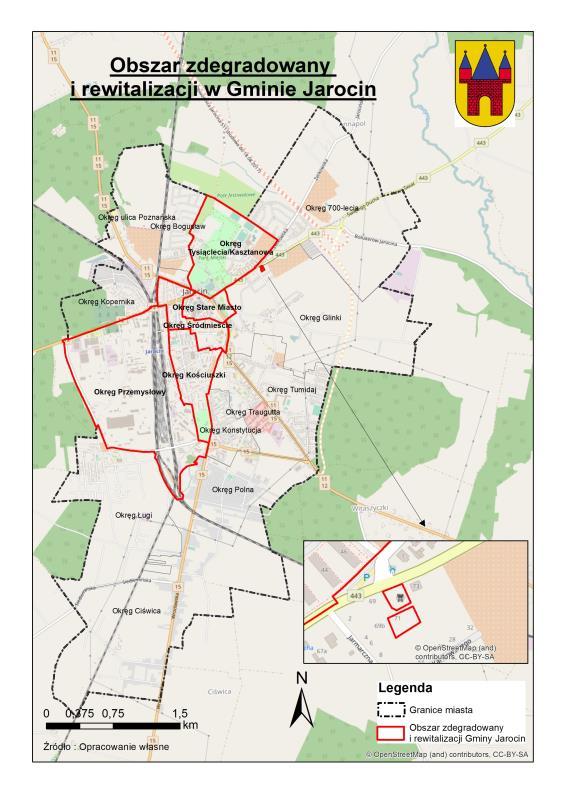 Rysunek 32 Mapa poglądowa obszar zdegradowany i obszar rewitalizacji Gminy Jarocin (Źródło: Opracowanie własne) Tabela 12 Podstawowe informacje dotyczące poszczególnych okręgów rewitalizacji Jarocina