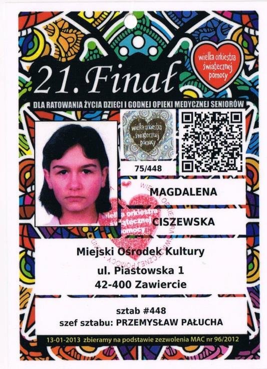 Przykładowe identyfikatory wolontariusza WOŚP należące do uczniów naszej szkoły.