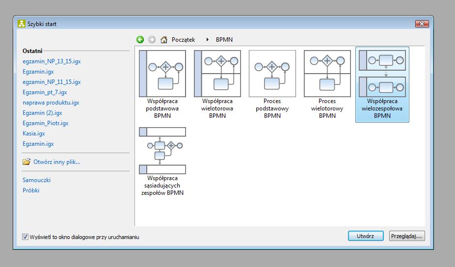 Wprowadzenie dotworzenia mapy procesu w BPMN 2.0 W celu utworzenia mapy procesu Egzaminowanie studentów należy uruchomić program igrafx 2013 Process for SixSigma.