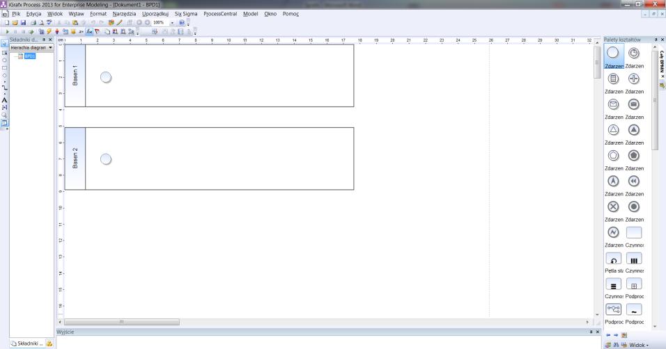 Otworzy nam się okno z nowym zadaniem: Ekran główny jest podzielony na trzy części: składniki dokumentu (po lewej), okno procesu (środek), palety kształtów (po prawej) w przypadku gdy jest