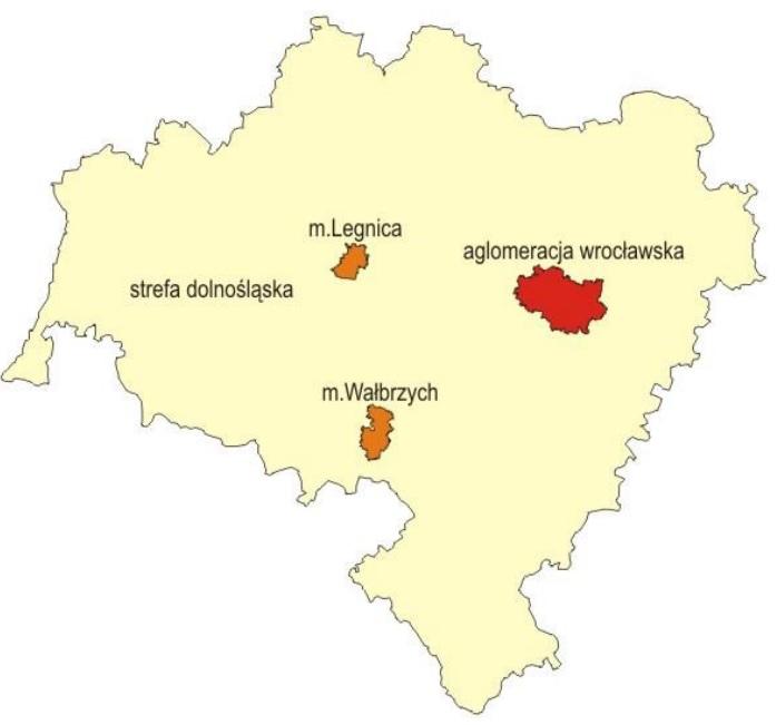 Rysunek 3. Podział województwa dolnośląskiego na strefy jakości powietrza. Źródło: WIOŚ Wrocław. Gmina jest zlokalizowana w obrębie strefy dolnośląskiej.