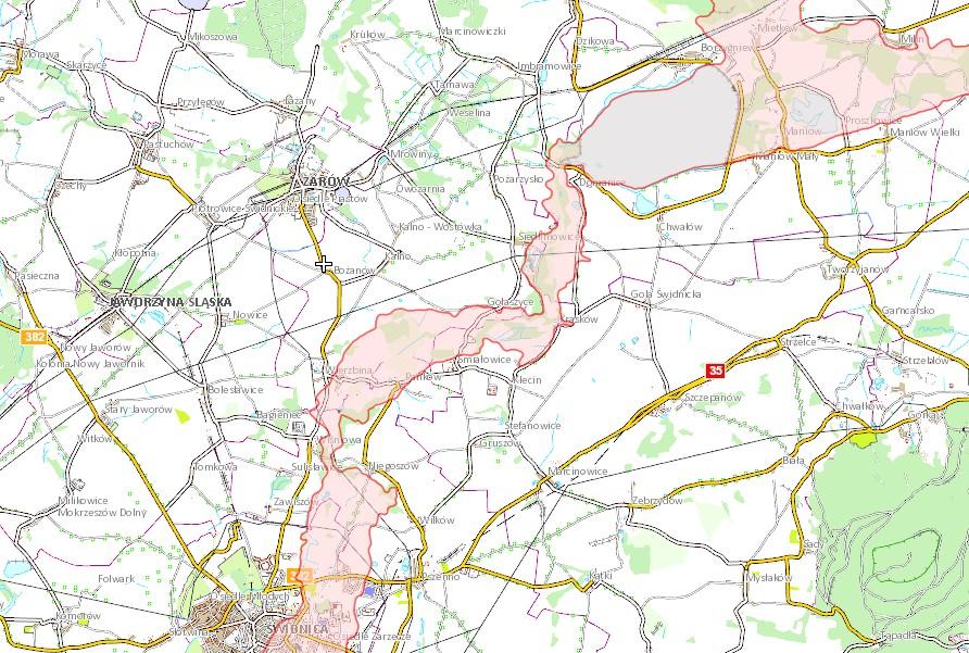 Rysunek 8. Mapa obszarów narażonych na podtopienia w okolicach Żarowa. Źródło: KZGW 5.4.2.