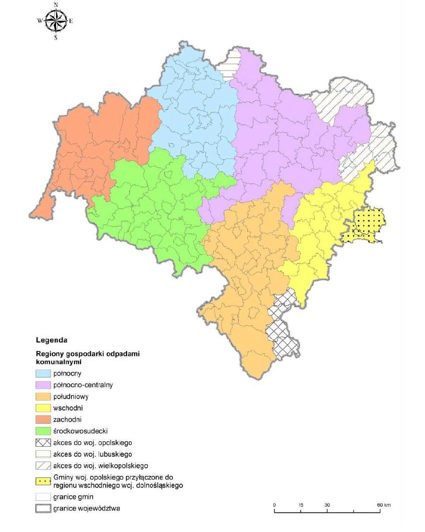 Rysunek 10. Podział województwa dolnośląskiego na regiony gospodarki odpadami.