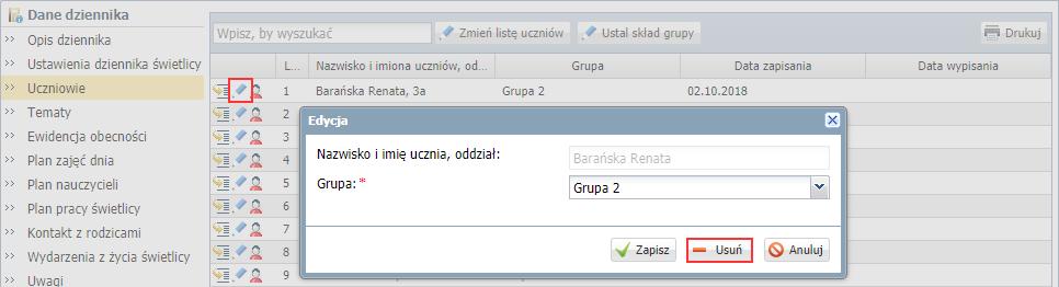 UONET+. Prowadzenie dziennika świetlicy 10/29 Uczeń zostanie usunięty ze składu grupy, ale nie zostanie usunięty z dziennika świetlicy.