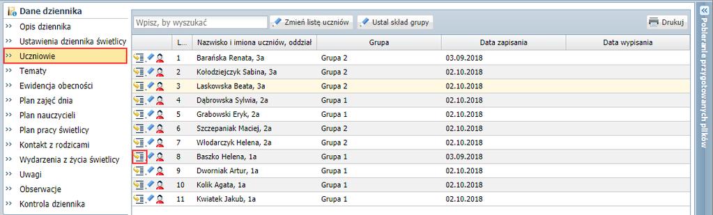 Uczeń, który opuścił szkołę Jeśli uczeń opuści szkołę, to po odnotowaniu tego faktu w module Sekretariat, na stronie Uczniowie, w wierszu ucznia, w kolumnie Data wypisania automatycznie pojawi się