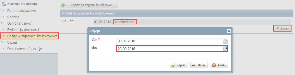 Wpisy na karcie Udział w zajęciach świetlicowych może wprowadzać i edytować tylko kierownik świetlicy. Modyfikowanie daty zapisania ucznia do świetlicy 1.